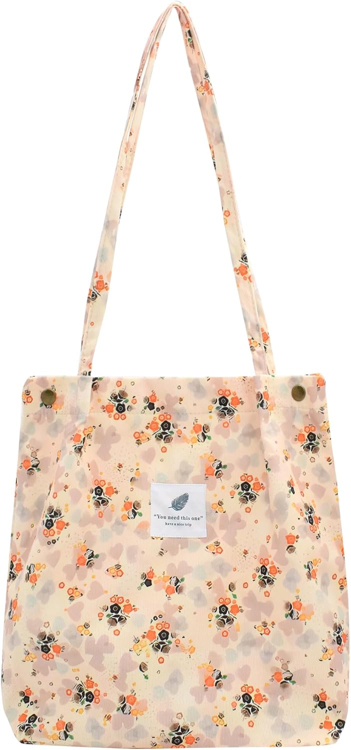 Women Corduroy Tote Bag Casual Shopping Shoulder Bag with Snaps | Floral Print,Magnetic Snaps,Fits 11" Tablets,Reinforced Stitching,Inside Pocket,Versatile Daily Bag,Lightweight & Soft