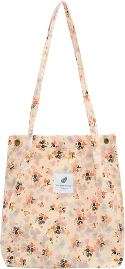 Women Corduroy Tote Bag Casual Shopping Shoulder Bag with Snaps | Floral Print,Magnetic Snaps,Fits 11" Tablets,Reinforced Stitching,Inside Pocket,Versatile Daily Bag,Lightweight & Soft