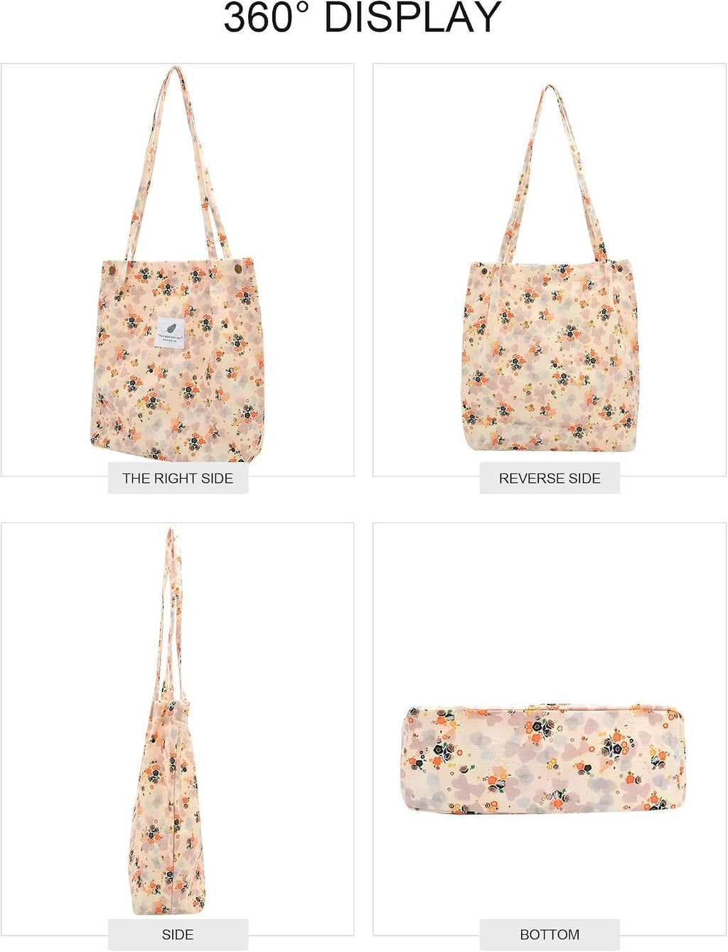 Women Corduroy Tote Bag Casual Shopping Shoulder Bag with Snaps | Floral Print,Magnetic Snaps,Fits 11" Tablets,Reinforced Stitching,Inside Pocket,Versatile Daily Bag,Lightweight & Soft