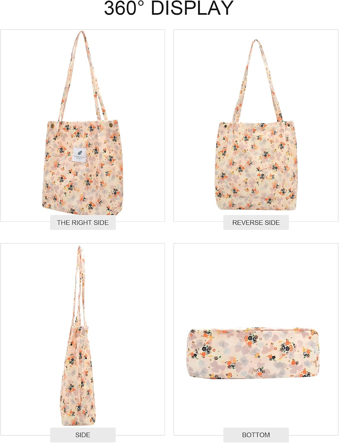 Women Corduroy Tote Bag Casual Shopping Shoulder Bag with Snaps | Floral Print,Magnetic Snaps,Fits 11" Tablets,Reinforced Stitching,Inside Pocket,Versatile Daily Bag,Lightweight & Soft