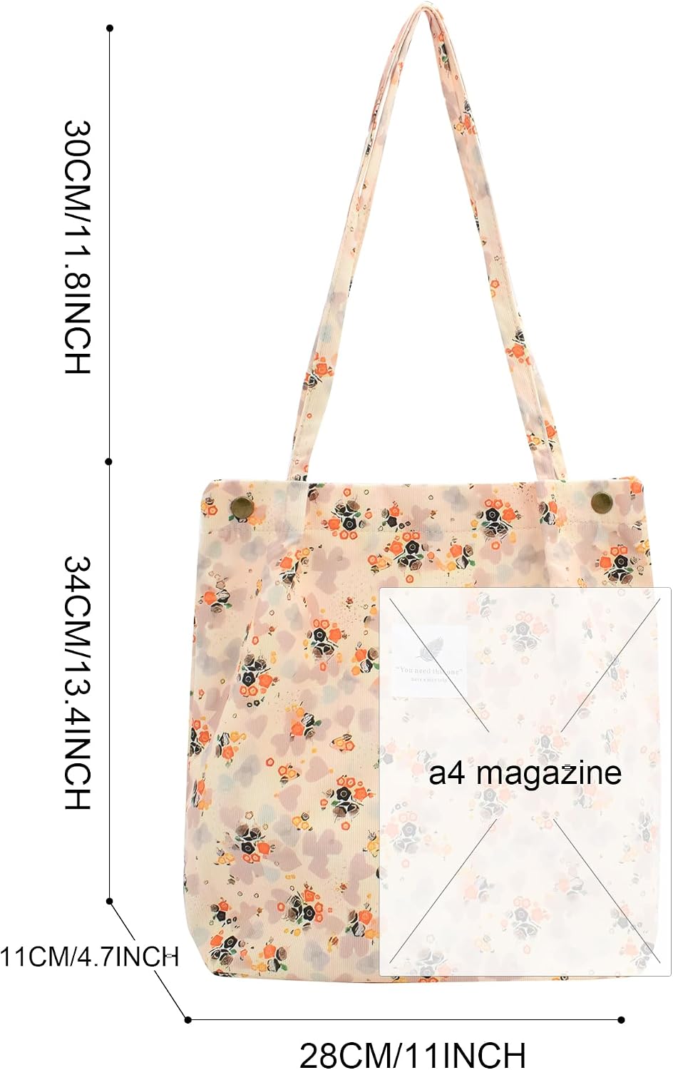 Women Corduroy Tote Bag Casual Shopping Shoulder Bag with Snaps | Floral Print,Magnetic Snaps,Fits 11" Tablets,Reinforced Stitching,Inside Pocket,Versatile Daily Bag,Lightweight & Soft